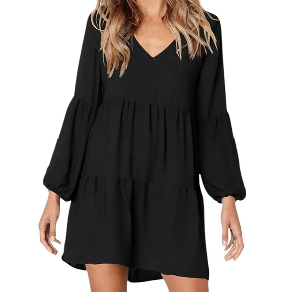 MISSLOOK Wmn's M Black V-neck babydoll ruffle tiered romantic tunic mini dress - Picture 1 of 10